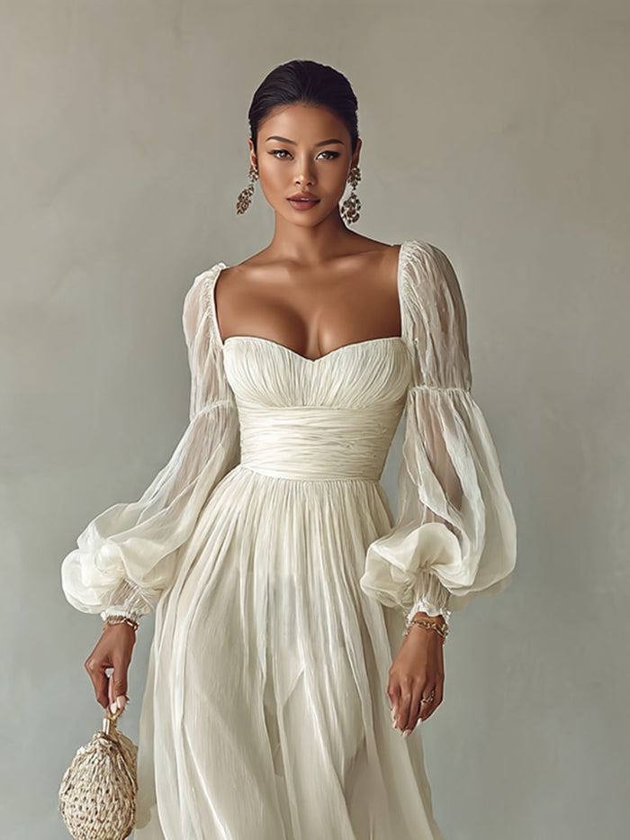Women's White Chiffon Maxi Dress with Balloon Sleeves and Ruched Waist - Maisie London