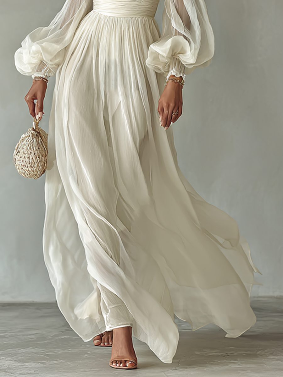 Women's White Chiffon Maxi Dress with Balloon Sleeves and Ruched Waist - Maisie London