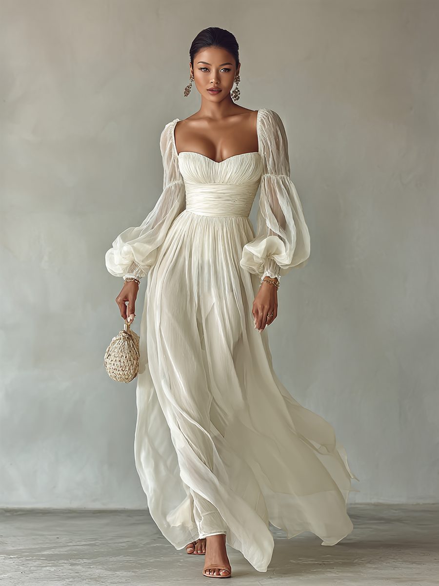 Women's White Chiffon Maxi Dress with Balloon Sleeves and Ruched Waist - Maisie London