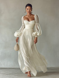 Women's White Chiffon Maxi Dress with Balloon Sleeves and Ruched Waist - Maisie London