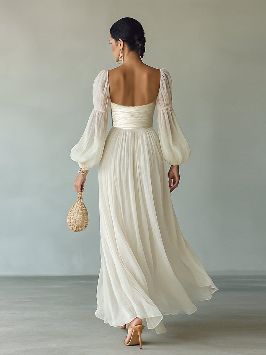 Women's White Chiffon Maxi Dress with Balloon Sleeves and Ruched Waist - Maisie London