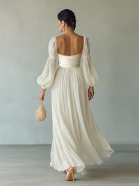 Women's White Chiffon Maxi Dress with Balloon Sleeves and Ruched Waist - Maisie London