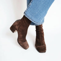 Women's Dark Brown Faux Suede Ankle Boots with Block Heel Square Toe - Maisie London