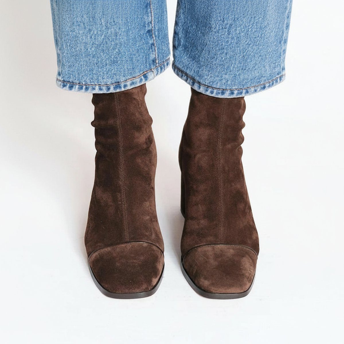 Women's Dark Brown Faux Suede Ankle Boots with Block Heel Square Toe - Maisie London