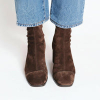 Women's Dark Brown Faux Suede Ankle Boots with Block Heel Square Toe - Maisie London