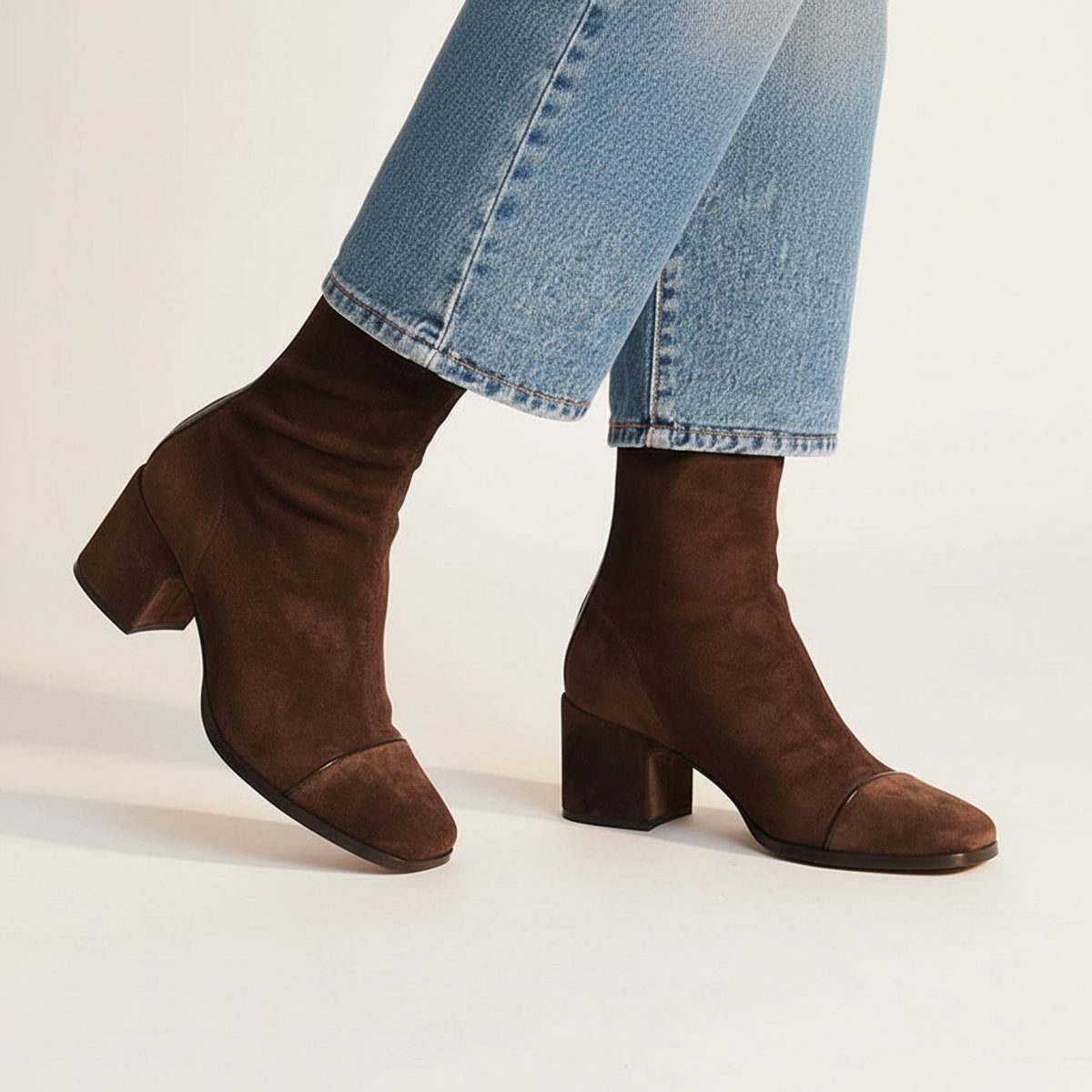 Women's Dark Brown Faux Suede Ankle Boots with Block Heel Square Toe - Maisie London