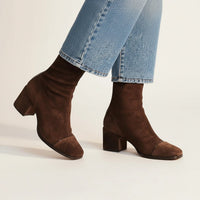 Women's Dark Brown Faux Suede Ankle Boots with Block Heel Square Toe - Maisie London