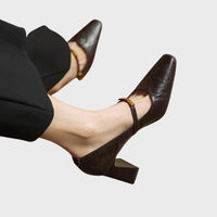 Women's Faux Leather Square-Toe Mary Jane Heels with Block Heel - Maisie London