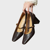 Women's Faux Leather Square-Toe Mary Jane Heels with Block Heel - Maisie London