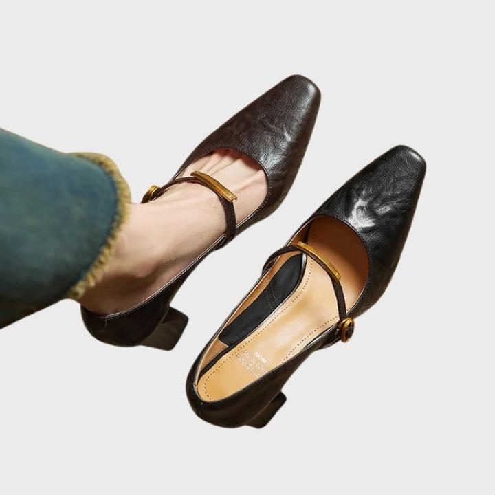 Women's Faux Leather Square-Toe Mary Jane Heels with Block Heel - Maisie London