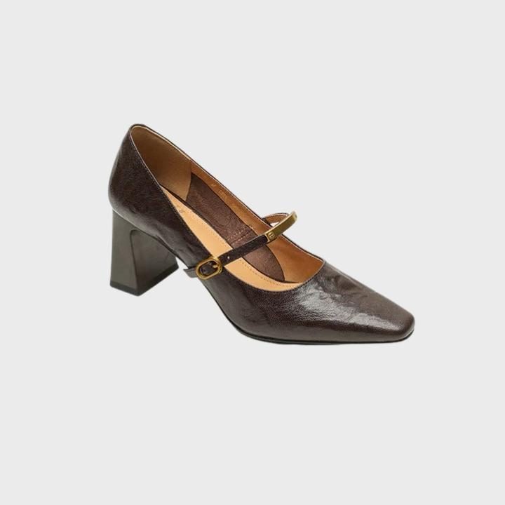 Women's Faux Leather Square-Toe Mary Jane Heels with Block Heel - Maisie London