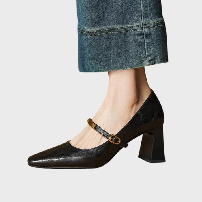 Women's Faux Leather Square-Toe Mary Jane Heels with Block Heel - Maisie London