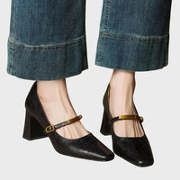 Women's Faux Leather Square-Toe Mary Jane Heels with Block Heel - Maisie London
