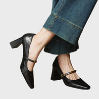 Women's Faux Leather Square-Toe Mary Jane Heels with Block Heel - Maisie London