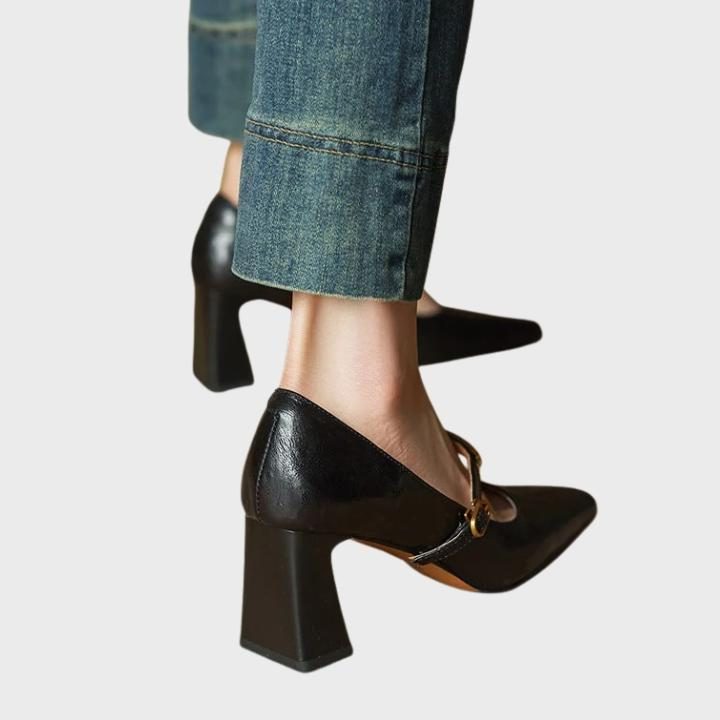 Women's Faux Leather Square-Toe Mary Jane Heels with Block Heel - Maisie London