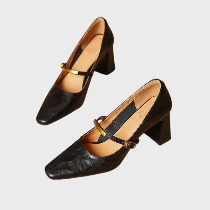 Women's Faux Leather Square-Toe Mary Jane Heels with Block Heel - Maisie London