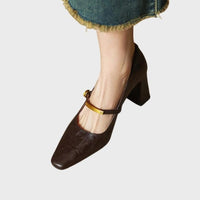 Women's Faux Leather Square-Toe Mary Jane Heels with Block Heel - Maisie London