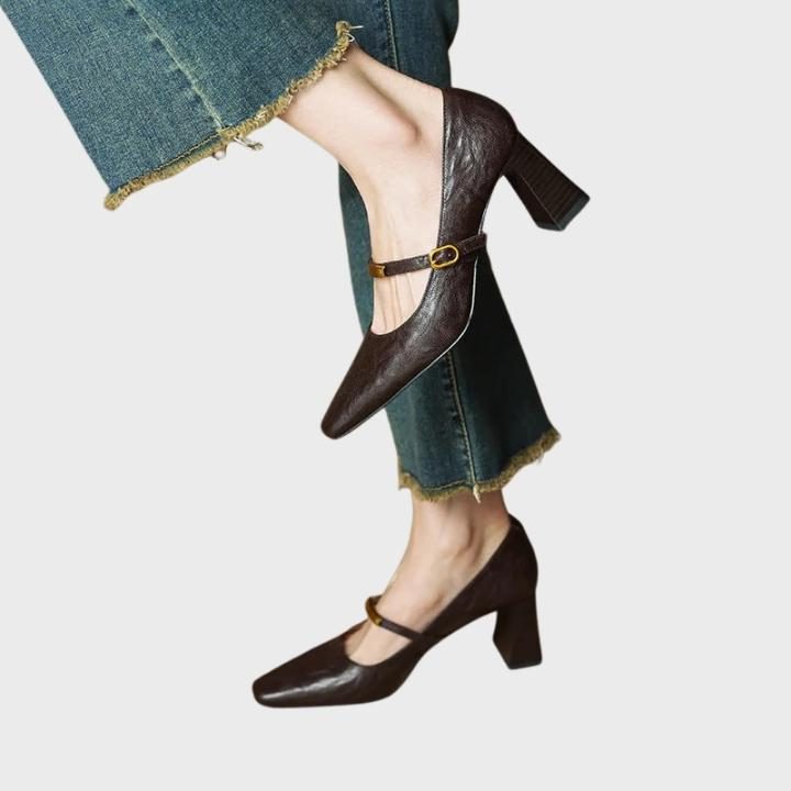 Women's Faux Leather Square-Toe Mary Jane Heels with Block Heel - Maisie London