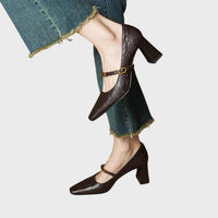 Women's Faux Leather Square-Toe Mary Jane Heels with Block Heel - Maisie London