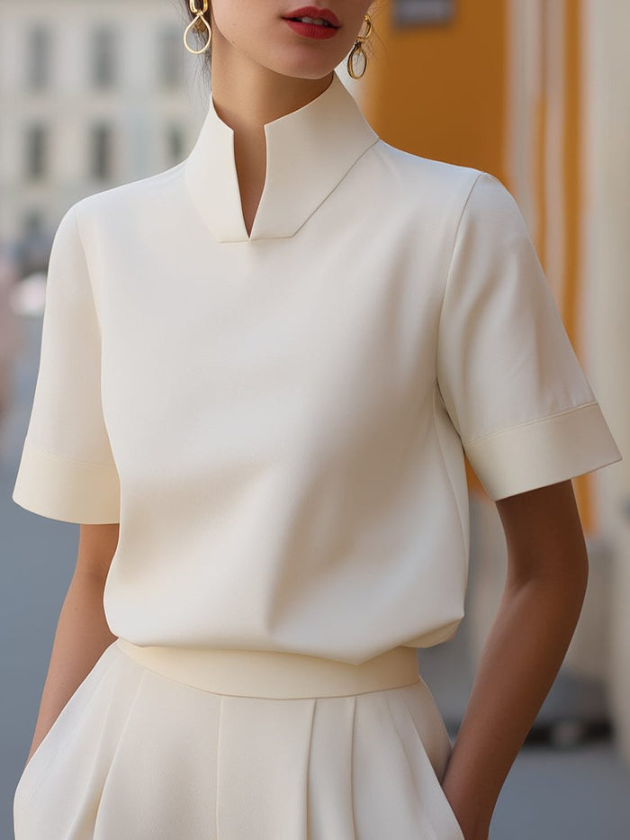 Women's Crepe Cropped Blouse with Stand Collar and Short Sleeves - Maisie London