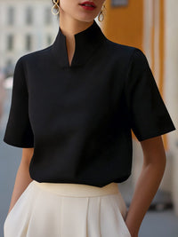 Women's Crepe Short-Sleeve Blouse with Stand Collar and Cuffs - Maisie London