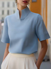 Women's Crepe Short-Sleeve Blouse with Stand Collar and Cuffs - Maisie London