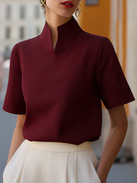 Women's Crepe Short-Sleeve Blouse with Stand Collar and Cuffs - Maisie London