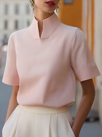 Women's Crepe Short-Sleeve Blouse with Stand Collar and Cuffs - Maisie London