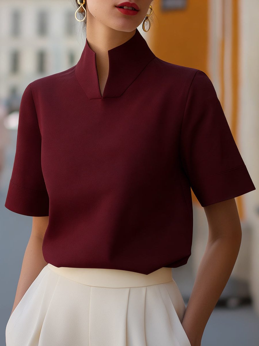 Women's Crepe Cropped Blouse with Stand Collar and Short Sleeves - Maisie London