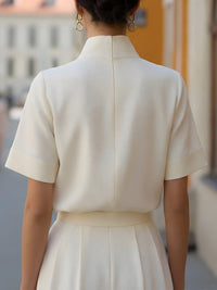 Women's Crepe Short-Sleeve Blouse with Stand Collar and Cuffs - Maisie London