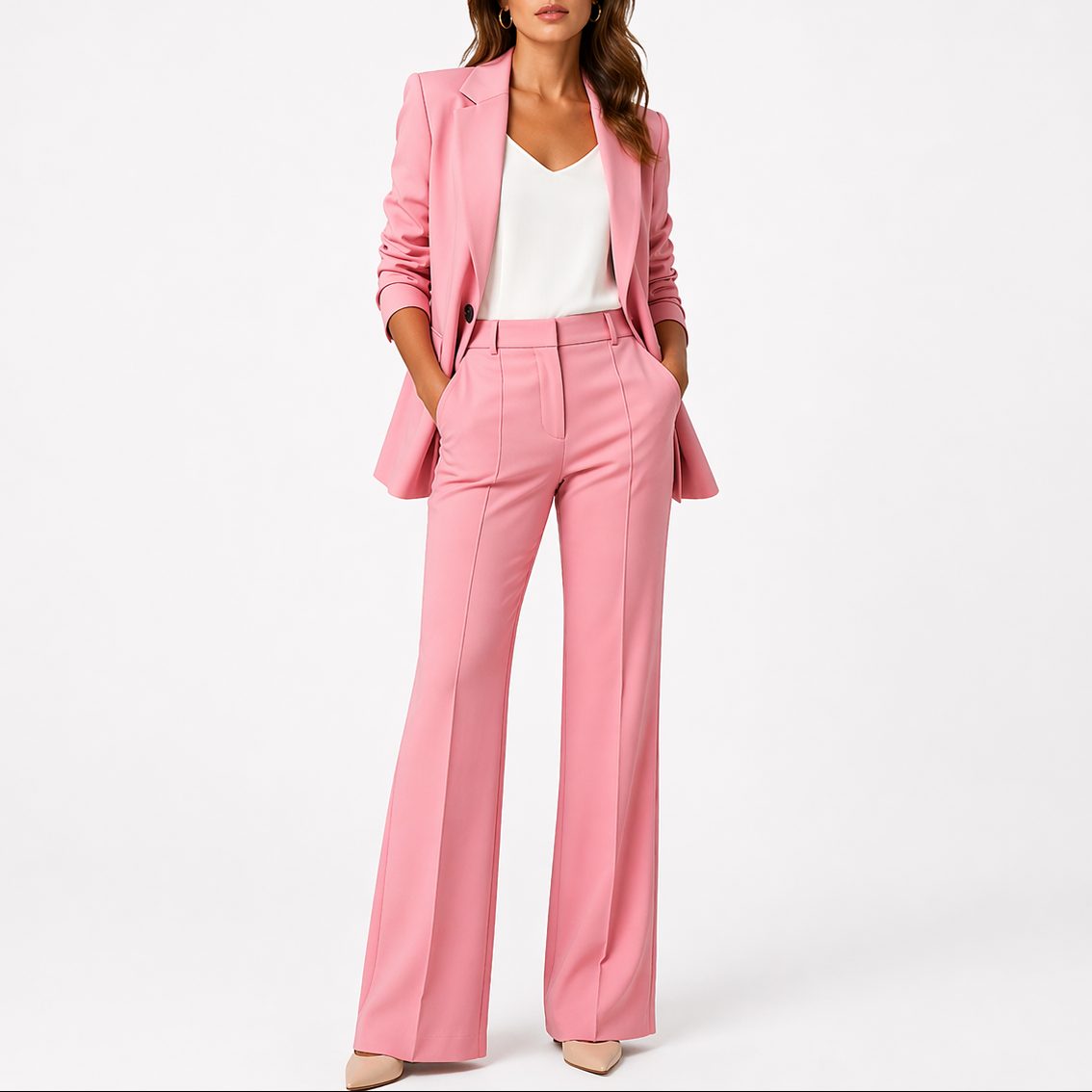 Women's Tailored Blazer and Straight-Leg Trouser Set with Pockets - Maisie London