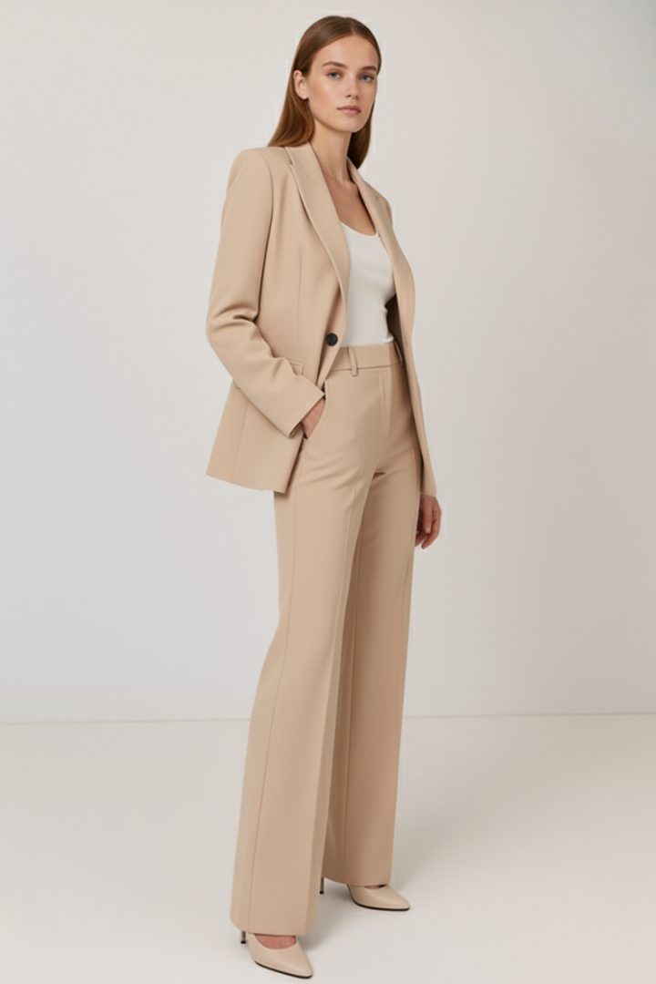 Women's Straight-Leg Trouser Suit Set with Notch Lapel Blazer - Maisie London