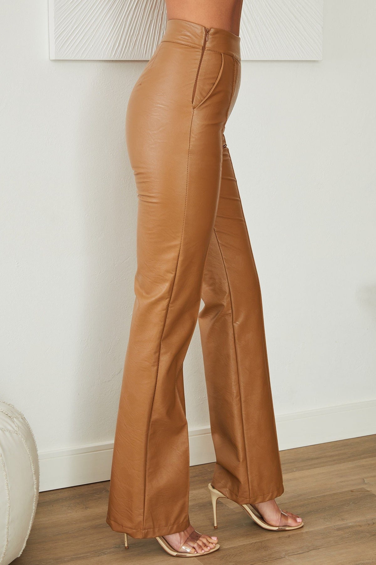 Women's Faux Leather High-Waisted Flared Trousers with Seam Detail - Maisie London