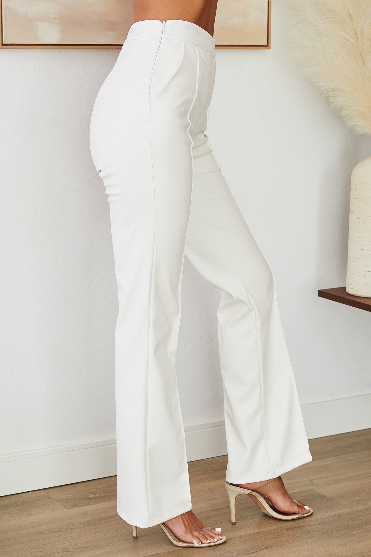 Women's Faux Leather High-Waisted Flared Trousers with Seam Detail - Maisie London