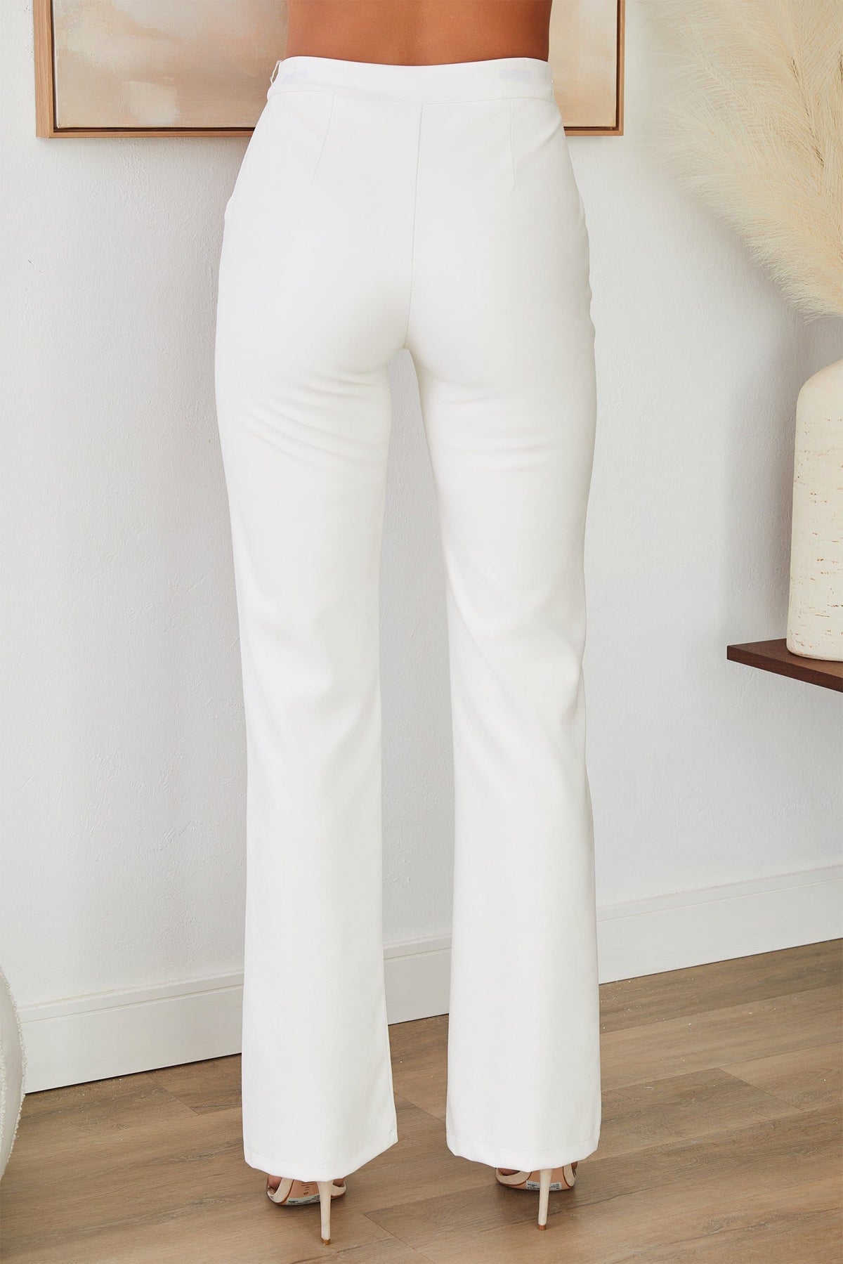 Women's Faux Leather High-Waisted Flared Trousers with Seam Detail - Maisie London