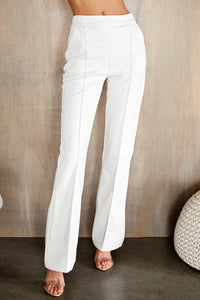 Women's Faux Leather High-Waisted Flared Trousers with Seam Detail - Maisie London