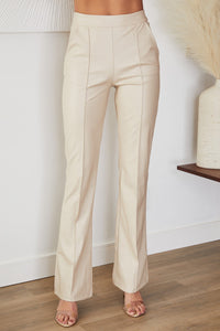 Women's Faux Leather High-Waisted Flared Trousers with Seam Detail - Maisie London
