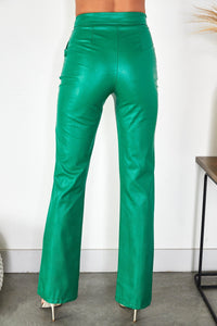 Women's Faux Leather High-Waisted Flared Trousers with Seam Detail - Maisie London