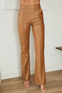 Women's Faux Leather High-Waisted Flared Trousers with Seam Detail - Maisie London