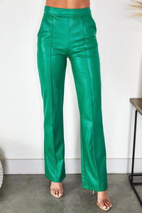 Women's Faux Leather High-Waisted Flared Trousers with Seam Detail - Maisie London