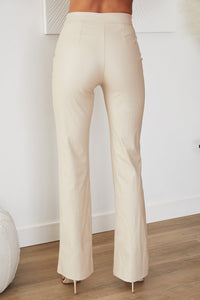 Women's Faux Leather High-Waisted Flared Trousers with Seam Detail - Maisie London
