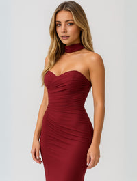 Women's Jersey Strapless Maxi Dress with Choker and Ruched Bodice - Maisie London