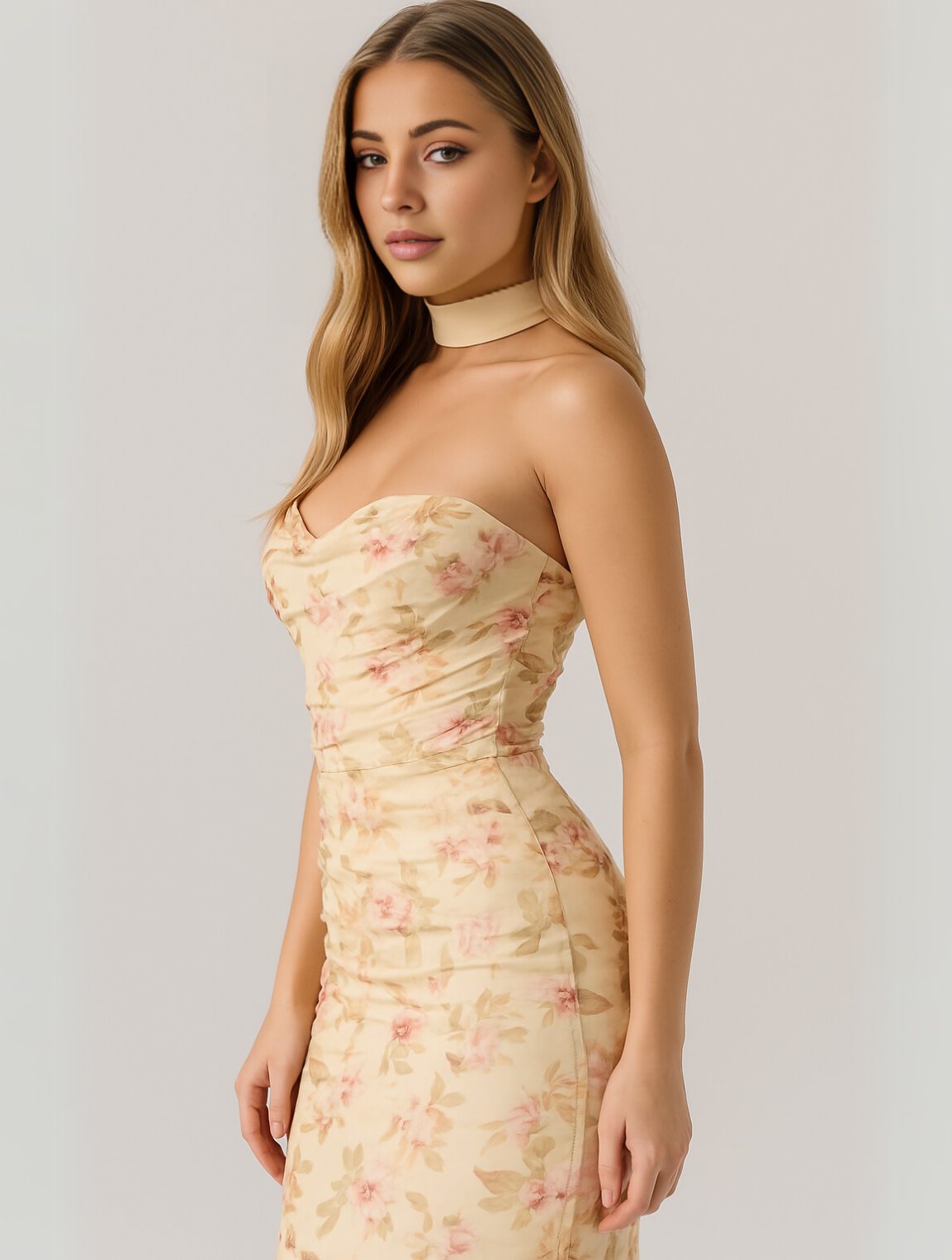 Women's Jersey Strapless Maxi Dress with Choker and Ruched Bodice - Maisie London