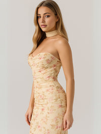 Women's Jersey Strapless Maxi Dress with Choker and Ruched Bodice - Maisie London