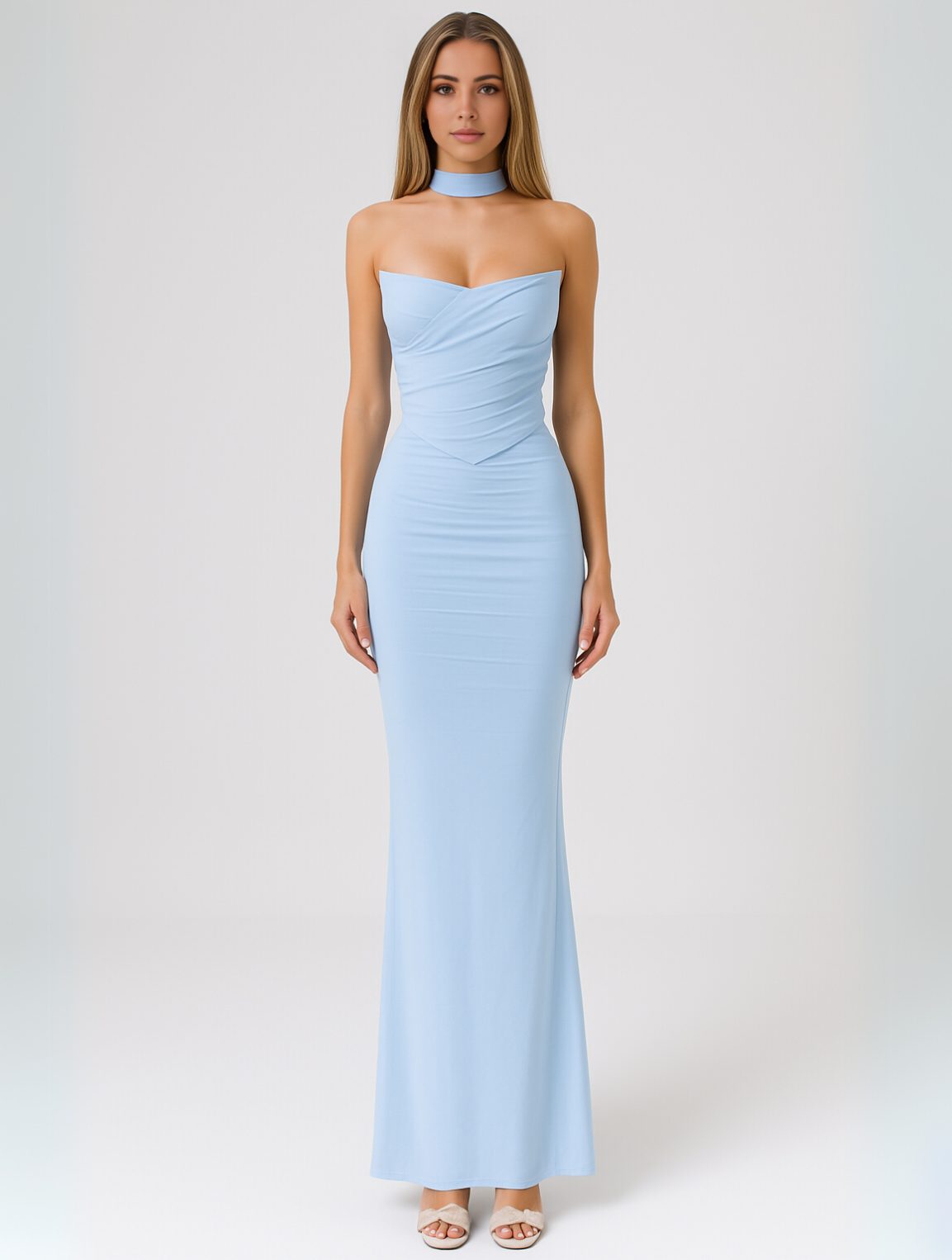 Women's Jersey Strapless Maxi Dress with Choker and Ruched Bodice - Maisie London