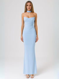 Women's Jersey Strapless Maxi Dress with Choker and Ruched Bodice - Maisie London