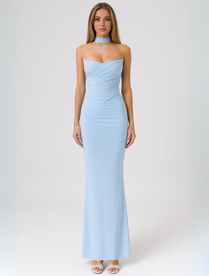 Women's Jersey Strapless Maxi Dress with Choker and Ruched Bodice - Maisie London