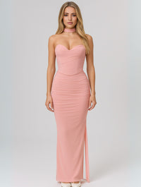 Women's Jersey Strapless Maxi Dress with Choker and Ruched Bodice - Maisie London