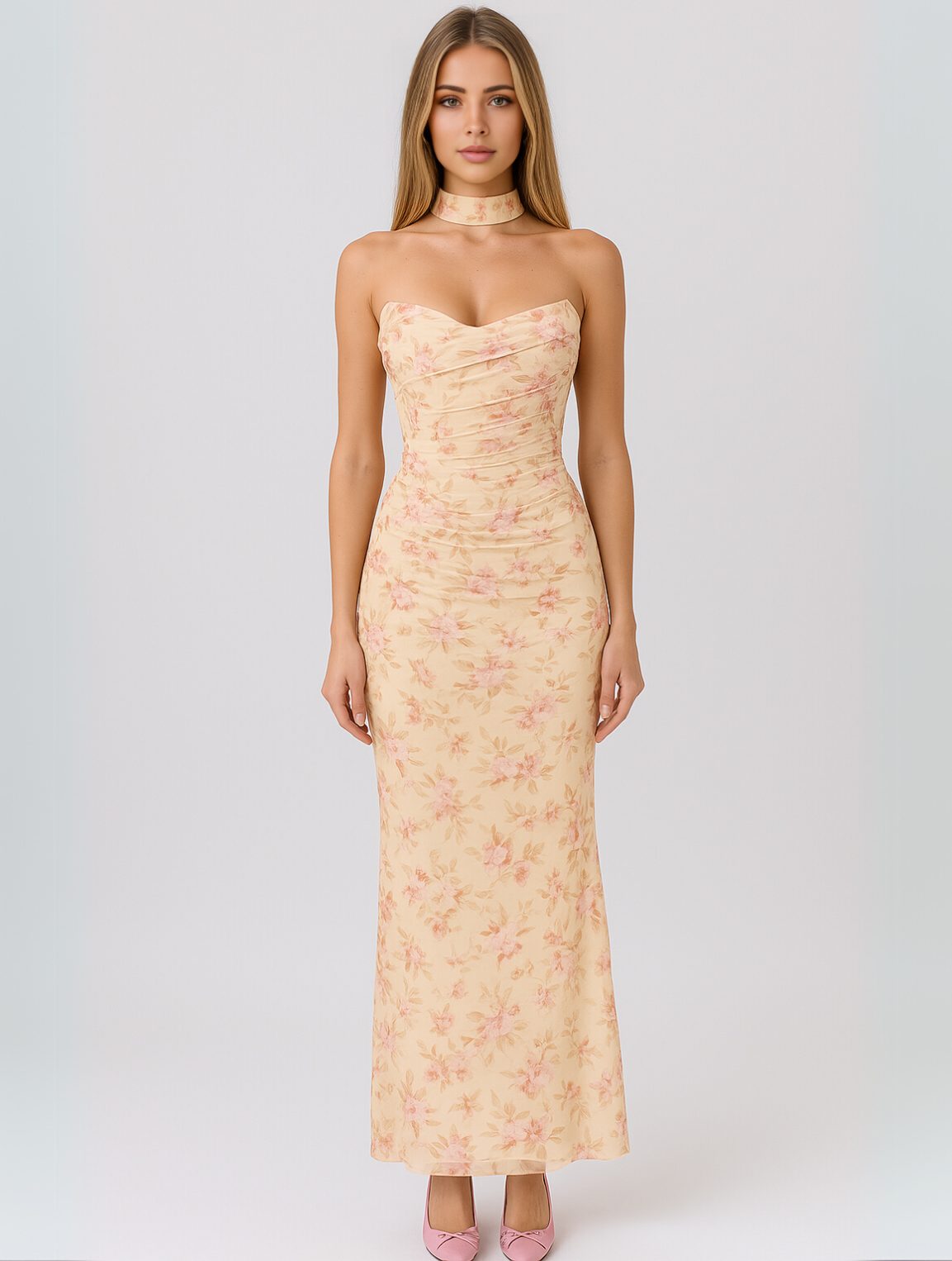 Women's Jersey Strapless Maxi Dress with Choker and Ruched Bodice - Maisie London