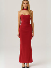 Women's Jersey Strapless Maxi Dress with Choker and Ruched Bodice - Maisie London